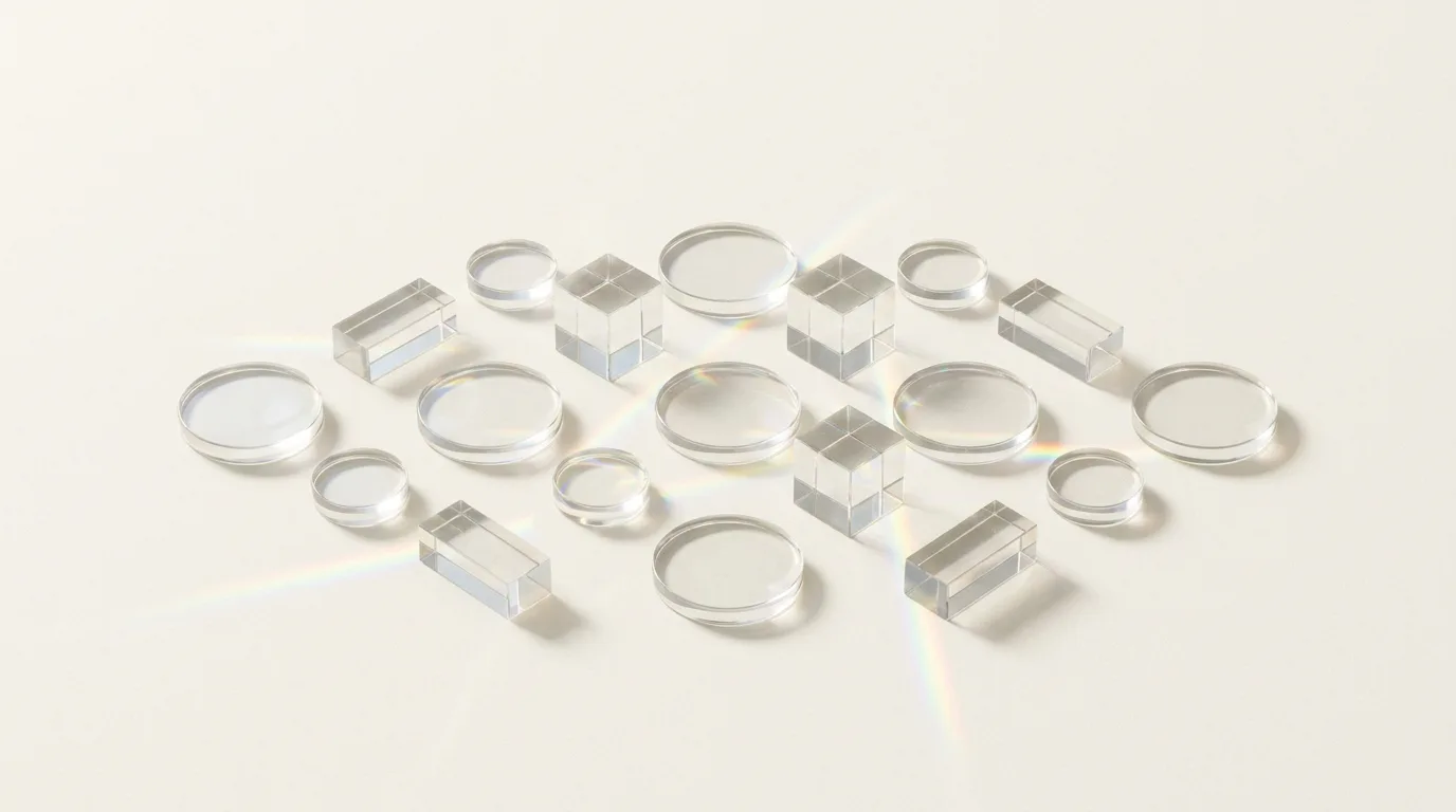A grid of clear optical glass discs, cubes and prisms on ivory paper casting soft spectral refractions