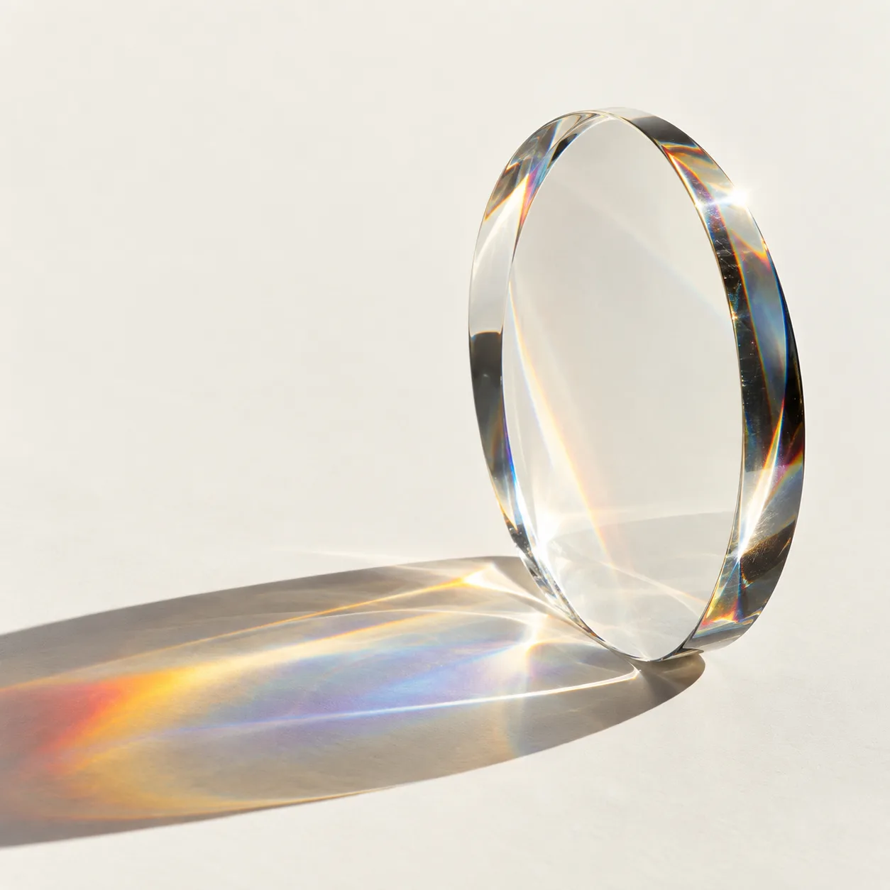 A clear optical disc casting a soft spectrum on ivory paper